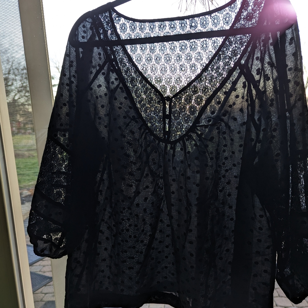 Torrid V Neck Clip Cotton Crochet Detail Long Sleeves Top Black 1 1x NWT